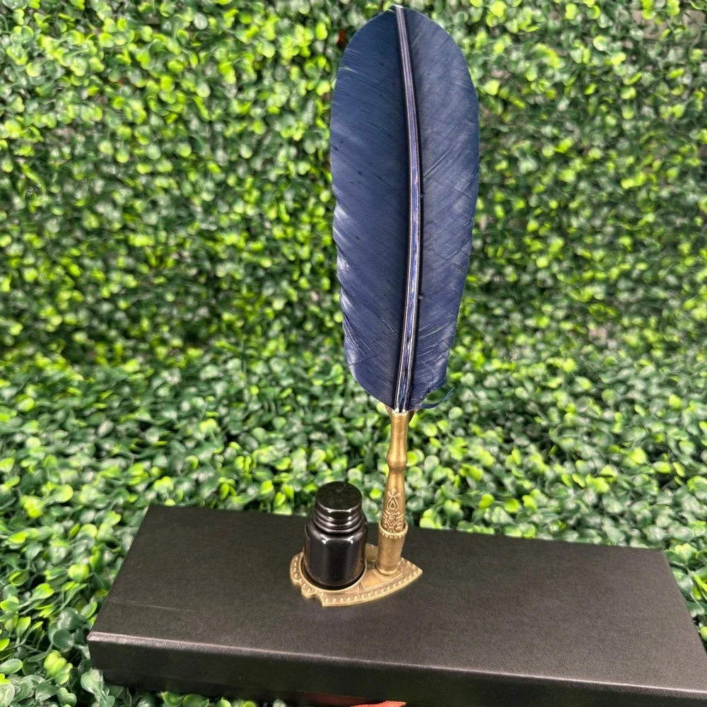 Feather Quill Pen Calligraphy Set Navy Blue Gold Speckle Ink & Nibs